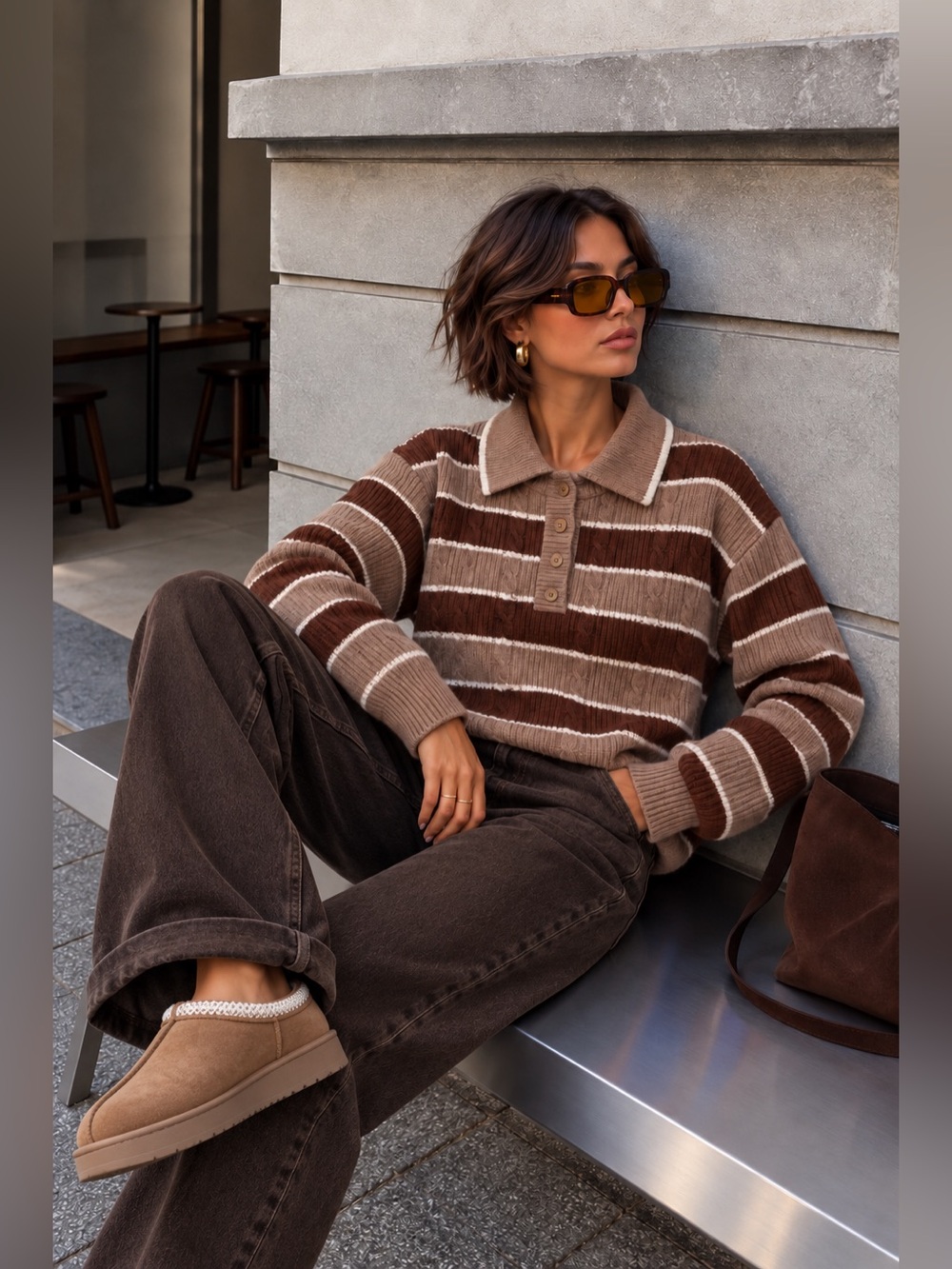Beautiful Caroline Constas Brown & White Striped Polo Sweater! - Picture 3 of 5